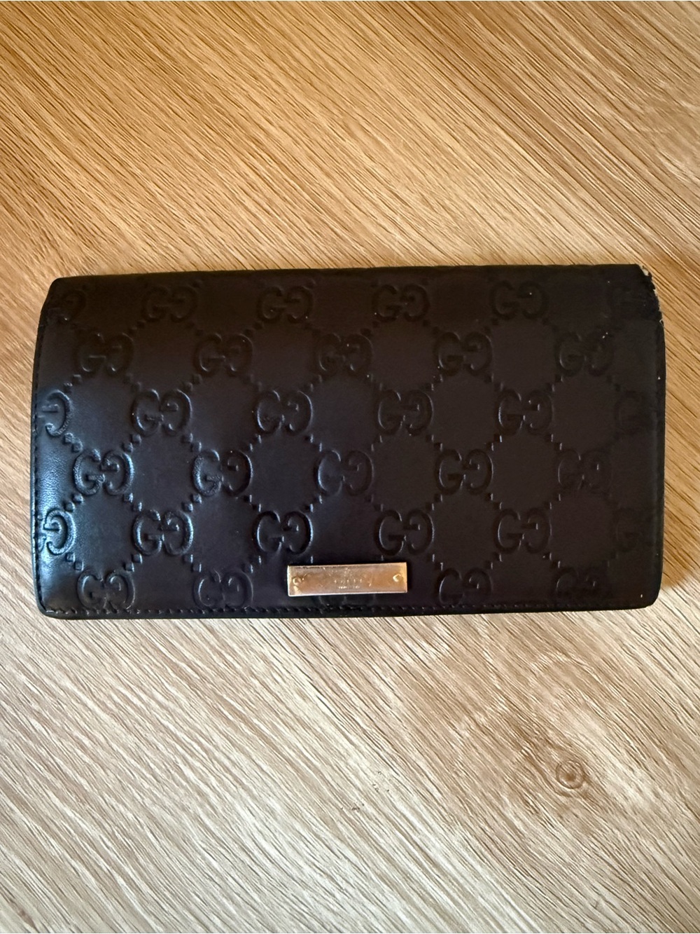 Gucci Deep Brown Embossed GG Leather Long Wallet with Gold Plaque